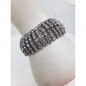 Vintage Weiss Rhinestone Bracelet Chunky Wide Silver Tone Signed Sparkle Classy